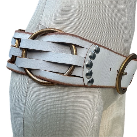 Linea Pelle White Genuine Leather Wide Studded Belt M Y2K D Ring Hardware Size M